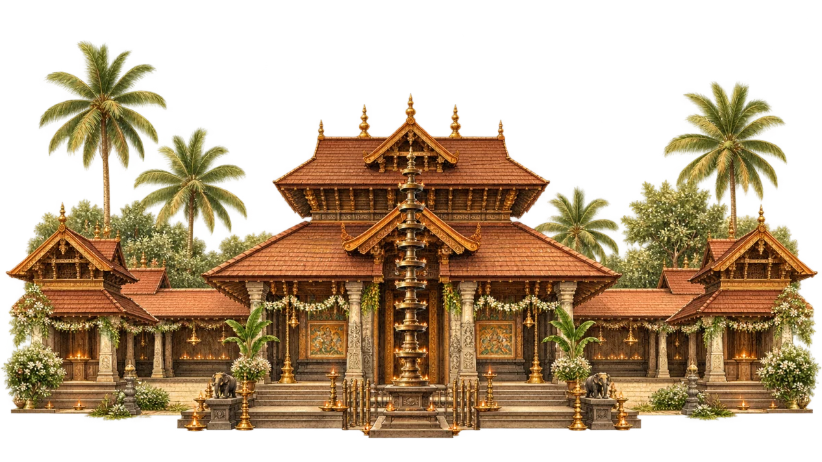 Illustration of a traditional Kerala temple with a deepastambham and coconut palms