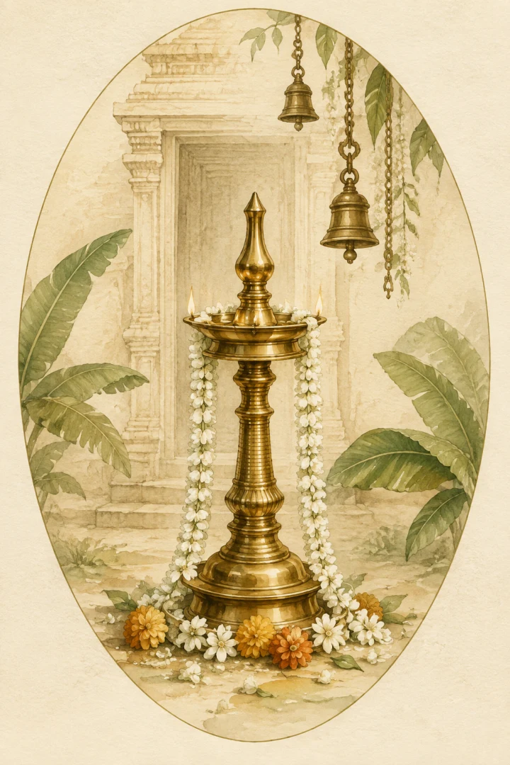 Watercolour illustration of a brass nilavilakku, jasmine garlands and a Kerala temple doorway